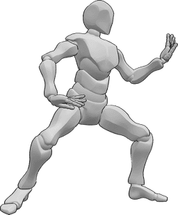 Riferimento alle pose- Posa di tai chi a flusso energetico - Uomo in piedi con le ginocchia piegate, guarda a sinistra, in posizione di tai chi