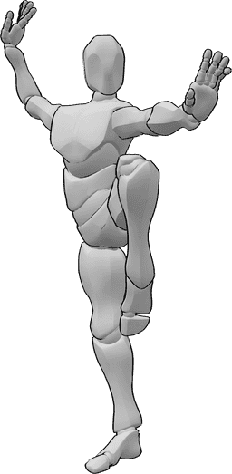 Referência de poses- Pose de tai chi em pé - Homem de pé com a perna esquerda dobrada e levantada e ambas as mãos levantadas