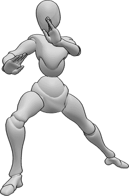 Referência de poses- Tai chi a olhar para a pose correcta - Mulher em posição semi-agachada, perna direita dobrada, olhando para a direita, a fazer tai chi