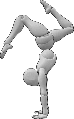 Referência de poses- Pose acrobática feminina de parada de mão - A mulher está de pé sobre as mãos e executa um movimento acrobático