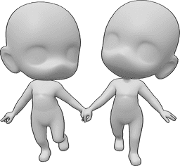 Posen-Referenz- Glückliche Chibis in Geh-Pose - Zwei chibi geht zusammen glücklich und halten einander die Hände