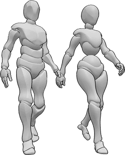 Referencia de poses- Postura de pareja estresada caminando - Una pareja enfadada camina junta, cogidos de la mano, caminando deprisa
