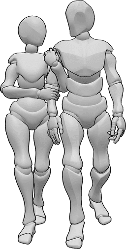 Posen-Referenz- Armhaltende Gehhaltung - Das Paar geht zusammen, die Frau hält den Arm des Mannes