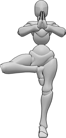 Riferimento alle pose- Posizione yoga femminile in piedi - La donna sta in piedi sulla gamba sinistra e unisce le mani