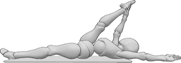 Referencia de poses- Postura de pierna derecha dividida - Mujer tumbada boca arriba haciendo un split y sujetándose el pie con la mano derecha.