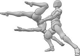 Referência de poses- Pose acrobática de cabeça para baixo - O macho está a segurar a fêmea de cabeça para baixo no ar, numa pose acrobática