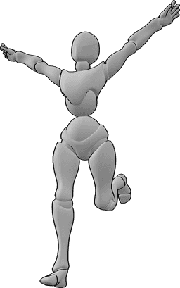 Referência de poses- Pose de corrida feliz feminina - A mulher está a correr alegremente com as mãos no ar