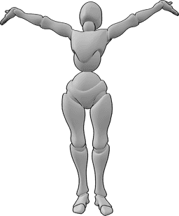 Referencia de poses- Postura femenina con las manos en alto - La mujer está de pie feliz con las manos en alto y mirando hacia arriba