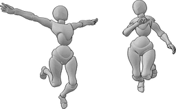 Referência de poses- Mulheres em pose de salto feliz - Duas fêmeas estão a festejar, saltando alegremente e olhando uma para a outra