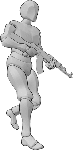 Référence des poses- Homme en train de courir, pose d'arme à feu - Homme courant avec une arme, la tenant à deux mains et regardant vers l'avant