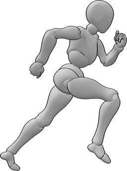 Referência de poses- Pose de corrida rápida feminina - A mulher está a correr rapidamente com os punhos cerrados, olhando para a frente