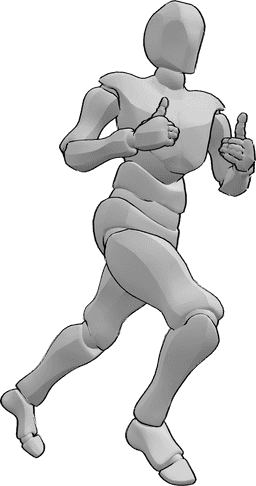 Référence des poses- Homme en train de courir - L'homme court, regarde vers la droite et lève le pouce.