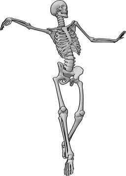 Referência de poses- Esqueleto em pose de dança do ventre - O esqueleto está a divertir-se com a dança do ventre e olha para a esquerda