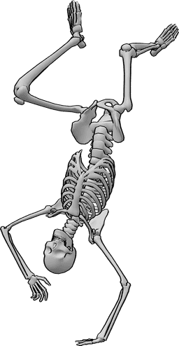 Referência de poses- Pose de rotação do esqueleto - O esqueleto está a dançar breakdance, executando um único giro de parada de mão