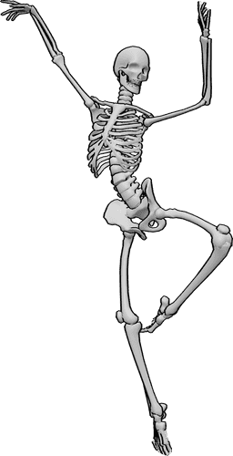 Referência de poses- Pose de dança de ballet de esqueleto - O esqueleto está a dançar ballet e a fazer pose com o pé direito