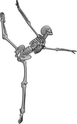 Referência de poses- Pose de salto de ballet acrobático - O Skeleton está a executar um salto acrobático de ballet com uma abertura frontal