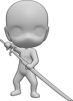 Riferimento alle pose- Grande posa del fodero della spada - Chibi estrae la sua grande spada dal fodero e guarda avanti.