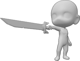 Referência de poses- Pose de Chibi a apontar a espada - Chibi está de pé, confiante, e aponta com a sua espada na mão direita