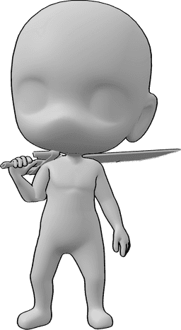 Referência de poses- Chibi em pose de espada grande - Chibi está de pé e a posar com uma grande espada na mão direita