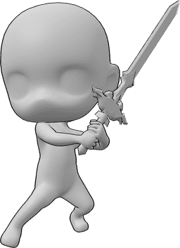 Referencia de poses- Chibi con espada en la mano - Chibi está de pie y sostiene una espada, preparándose para una pelea.