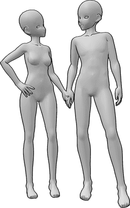 Referência de poses- Casal de anime em pose - Um casal de homens e mulheres de anime está de pé, de mãos dadas e a olhar um para o outro
