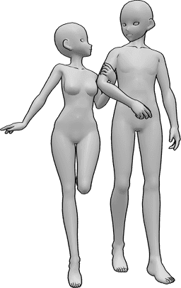 Référence des poses- Anime tenant la pose du bras - Couple de femmes et d'hommes debout, la femme heureuse tient le bras de l'homme.