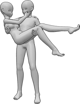 Referencia de poses- Hombre sujetando a mujer - El macho anime sostiene a la hembra, la hembra lo abraza