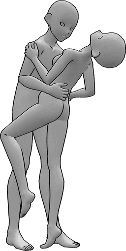 Riferimento alle pose- Anime che ballano in posa abbracciata - Anime femmina e maschio coppia sta ballando, abbracciando l'altro