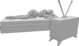 Referência de poses- Mulher a ver televisão em pose - A mulher está a descansar, deitada na cama e a ver televisão antiga