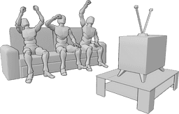 Posen-Referenz- Torjubel-Pose - Drei Männer sitzen auf dem Sofa, sehen sich das Fußballspiel an und feiern ein Tor
