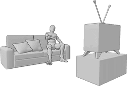 Posen-Referenz- Ändern der TV-Kanäle stellen - Mann sitzt auf dem Sofa und wechselt mit der Fernbedienung die Kanäle