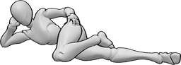 Referência de poses- Pose deitada de mulher gira - Mulher deitada numa pose engraçada, do lado direito, com a mão direita a apoiar a cabeça