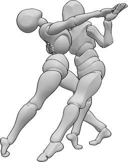 Référence des poses- Pose de pas de danse de tango - Une femme et un homme dansent le tango, l'homme tient le dos de la femme et tient sa main droite.