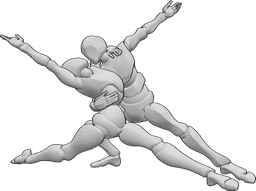 Riferimento alle pose- Posa scomposta per il ballo del tango - Una donna e un uomo ballano il tango, la donna fa una spaccata mentre l'uomo la tiene in braccio.