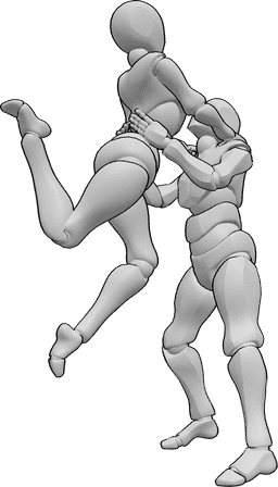 Référence des poses- Pose de tango sauté pour femme - Une danseuse de tango saute haut et prend la pose, tandis qu'un danseur la tient.