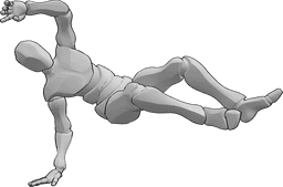 Referencia de poses- Postura de la pierna derecha - Hombre bailando breakdance en el suelo, ambas piernas en el aire, de pie sobre la mano derecha