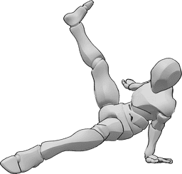 Referência de poses- Pose de breakdance - Um dançarino de breakdance masculino está de pé, a fazer breakdance flare