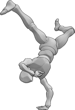 Riferimento alle pose- Posa delle gambe in piedi della breakdance - Un breakdancer maschio esegue una posa di congelamento delle gambe con la verticale a destra