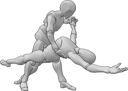 Riferimento alle pose- Posa di danza inclinata - La donna che balla il valzer è appoggiata quasi al pavimento e alza la mano sinistra, mentre il ballerino maschio la tiene