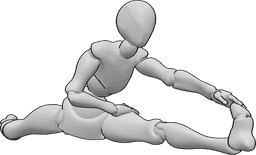 Posen-Referenz- Weiblicher Spagat streckt Pose - Fitness-Frau wärmt sich auf, sitzt auf dem Boden und macht Spagat und Dehnübungen