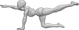 Referencia de poses- Postura femenina de yoga en el suelo - Mujer en forma está haciendo yoga en el suelo, levantando el brazo derecho y la pierna izquierda