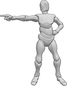 Référence des poses- Homme debout en train de pointer du doigt - L'homme se tient debout, la main gauche sur la hanche, et pointe la main droite.