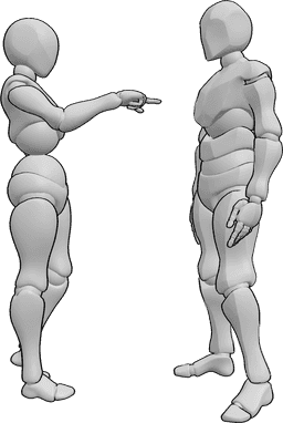 Referência de poses- Pose de mulher a apontar para homem - A mulher está de pé com a mão esquerda na anca e aponta para o homem à sua frente