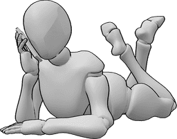 Posen-Referenz- Weibliche liegende Gesprächspose - Frau liegt mit gekreuzten Beinen und telefoniert mit der rechten Hand